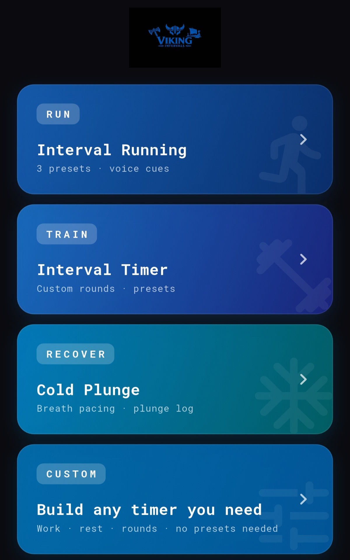 Viking Intervals – Home: Run, Train, Recover, Custom modes